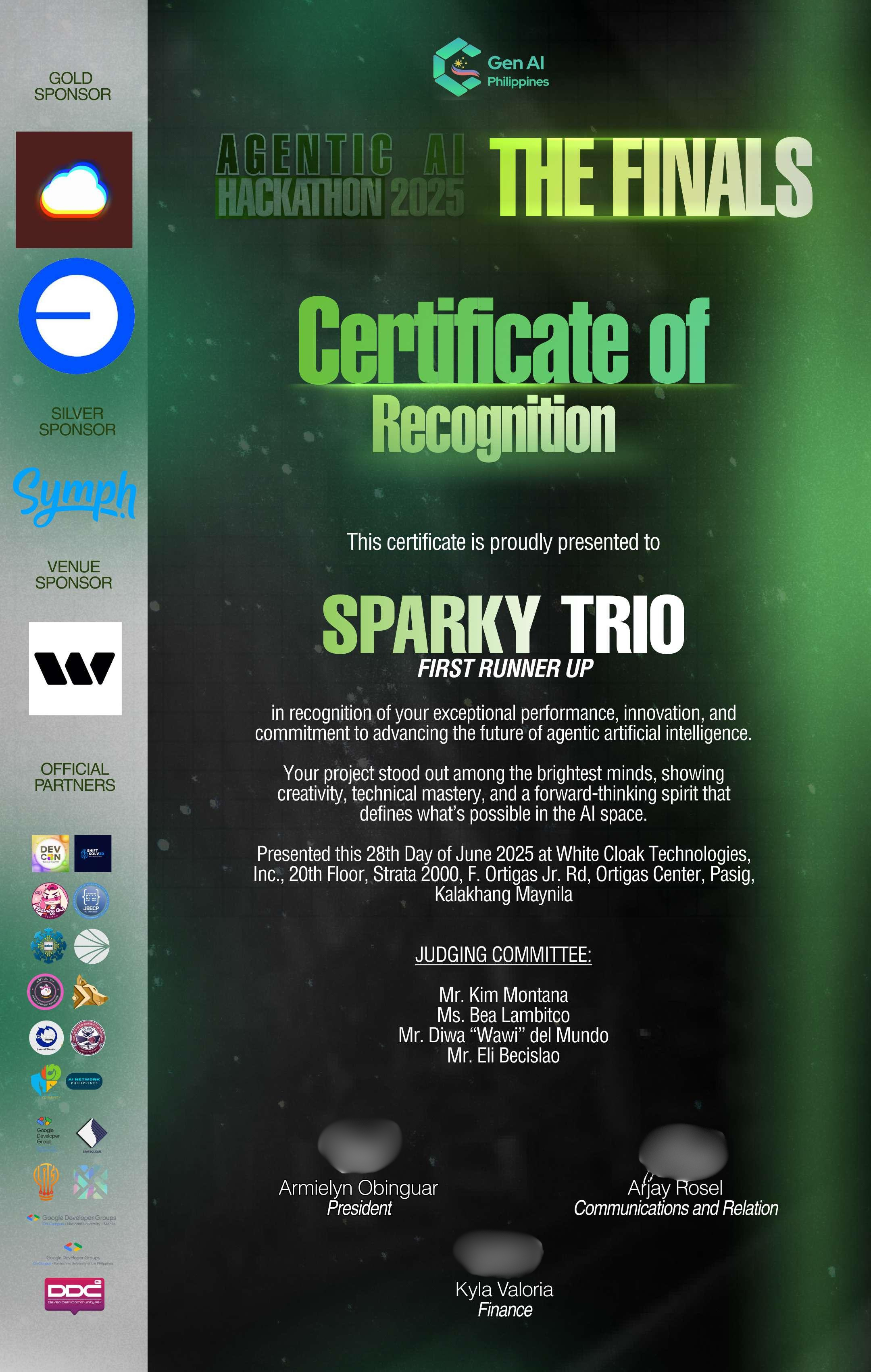 Agentic AI Hackathon First Runner Up certificate