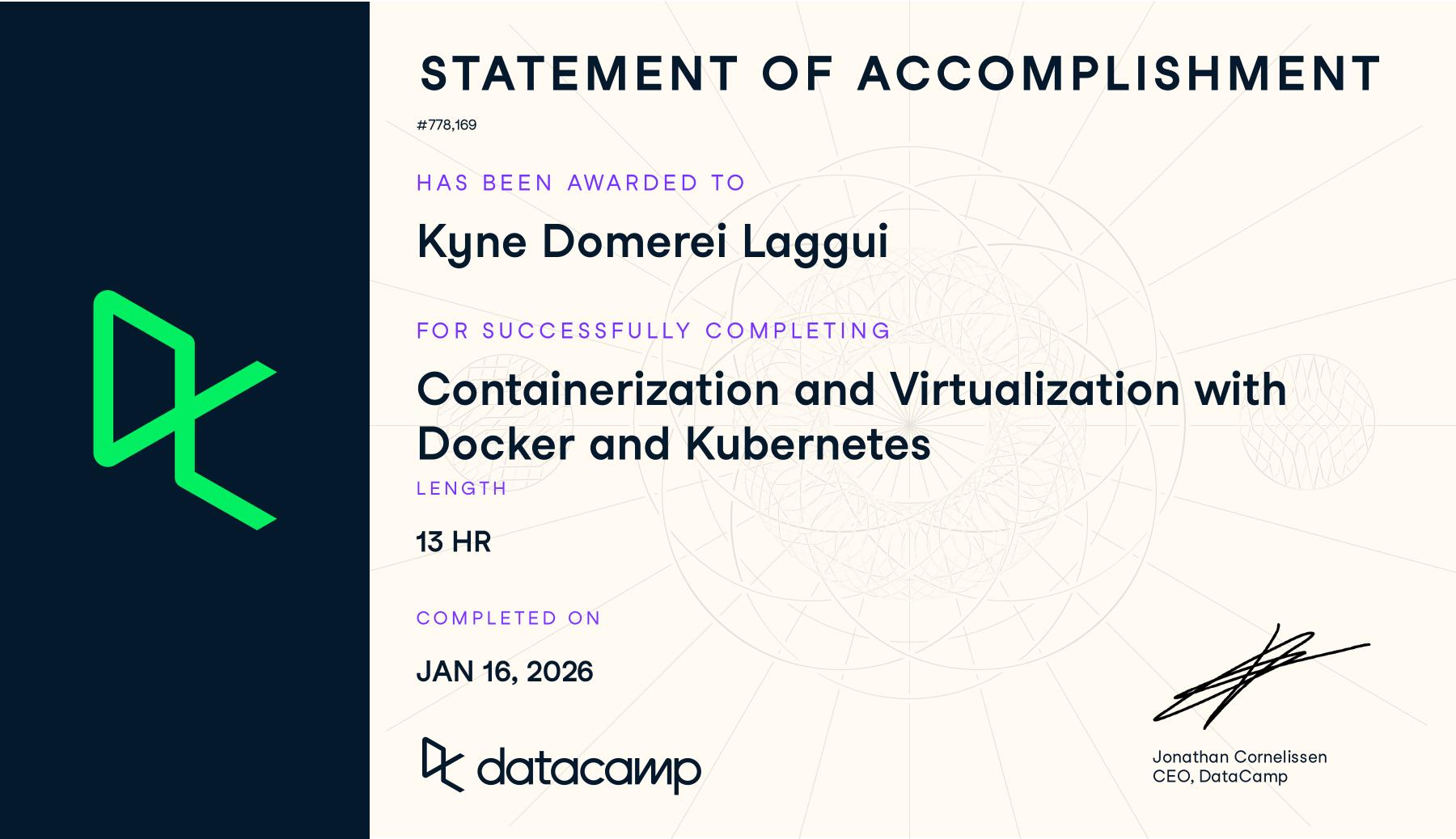 Containerization and Virtualization with Docker and Kubernetes certificate