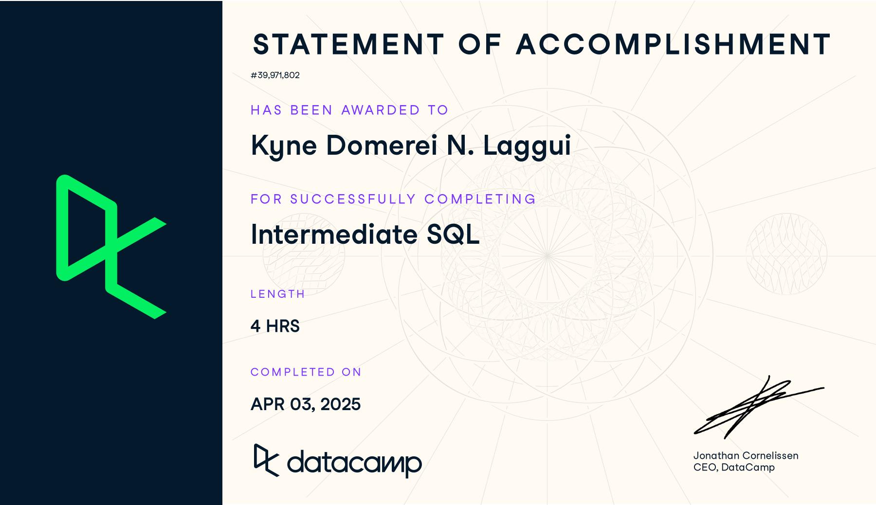 Intermediate SQL certificate