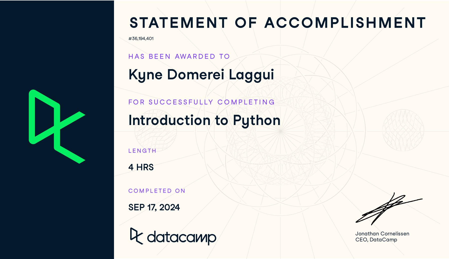 Introduction to Python certificate