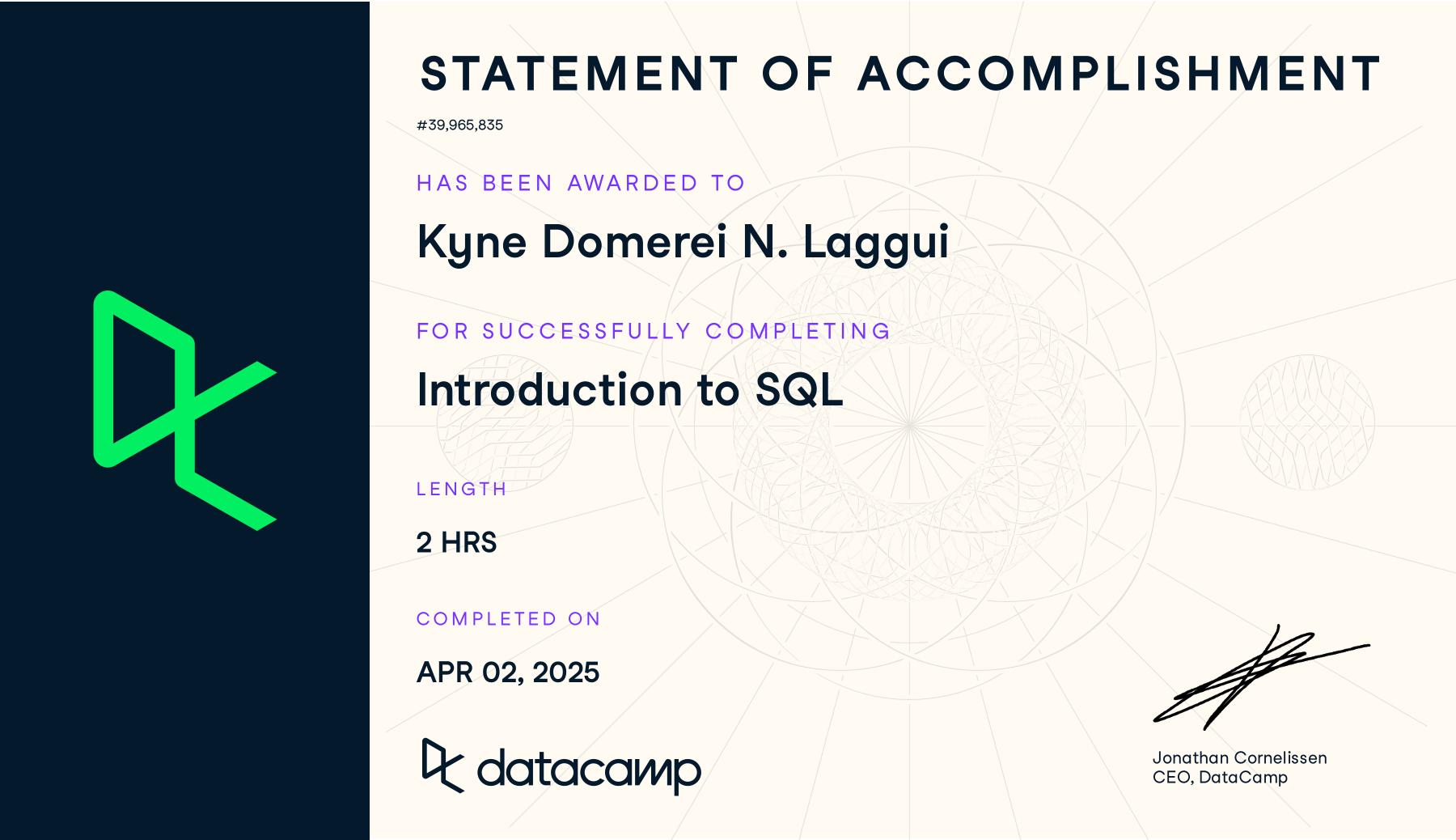Introduction to SQL certificate
